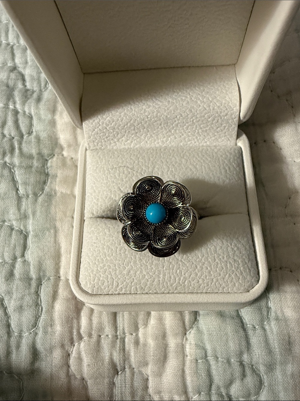 Silver Flower Ring with Turquoise Center - Women Jewelry